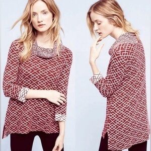 Anthropologie Moth Galena Cowl Neck Geometric Sweater Burgundy Alpaca Blend Sz M